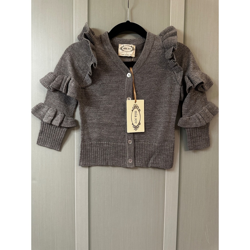 Mia Joy Joyfolie Astrid Cardigan Pewter Metallic Ruffle Sweater Kids Size 2 NWT